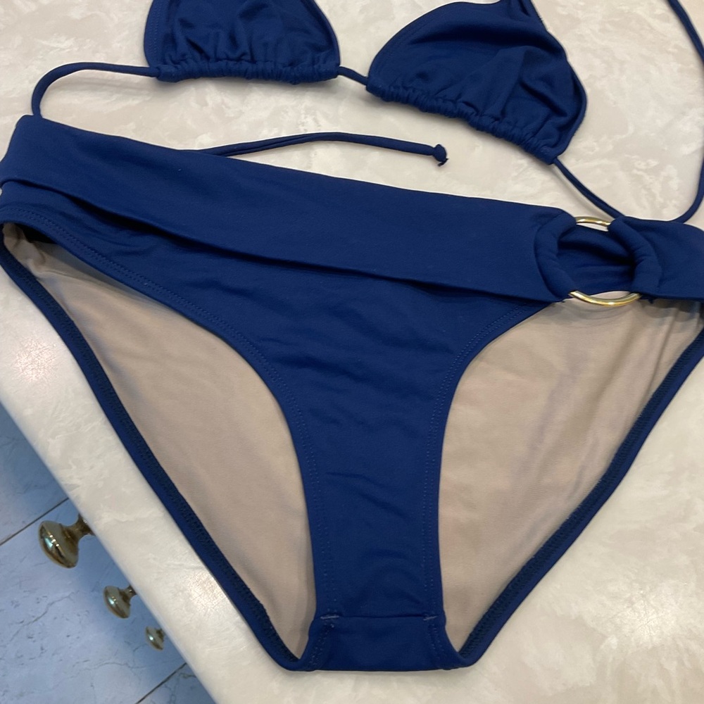 Jo de Mer Two Piece Navy Bikini, Triangle Top, Gold Ring Bottom Detail, Sz 2-Med - Picture 4 of 10